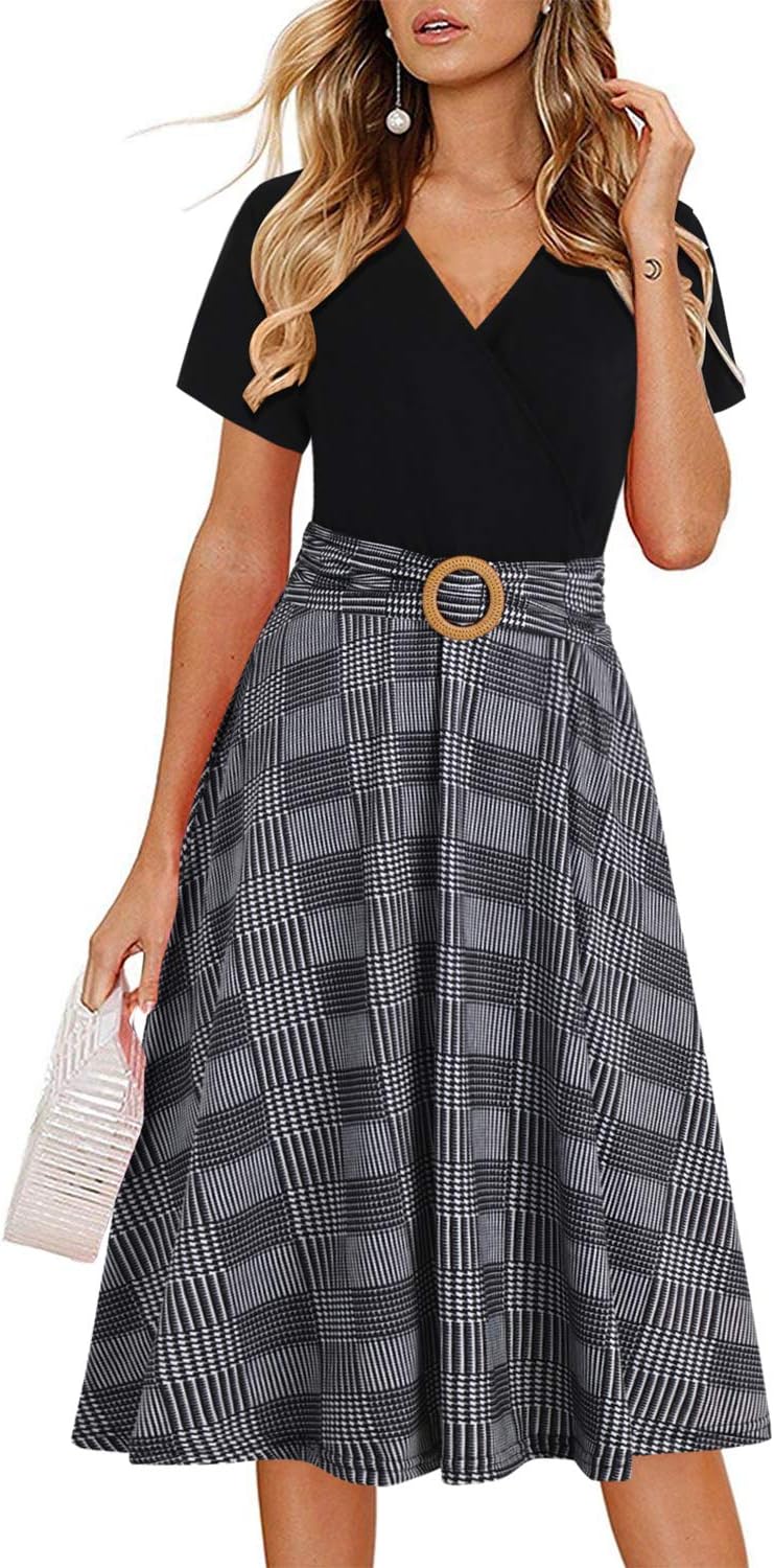 Women's Elegant Criss-Cross V Neck Vintage Short Sleeve Work Casual Fit and Flare Tea Dress with Pockets