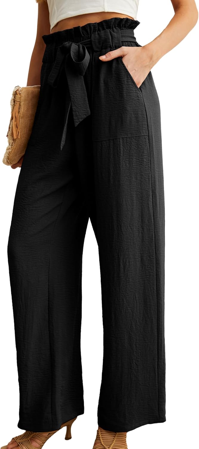 Women's Wide Leg Pants with Pockets High Waist Adjustable Knot Loose Casual Trousers Business Work Casual Pants