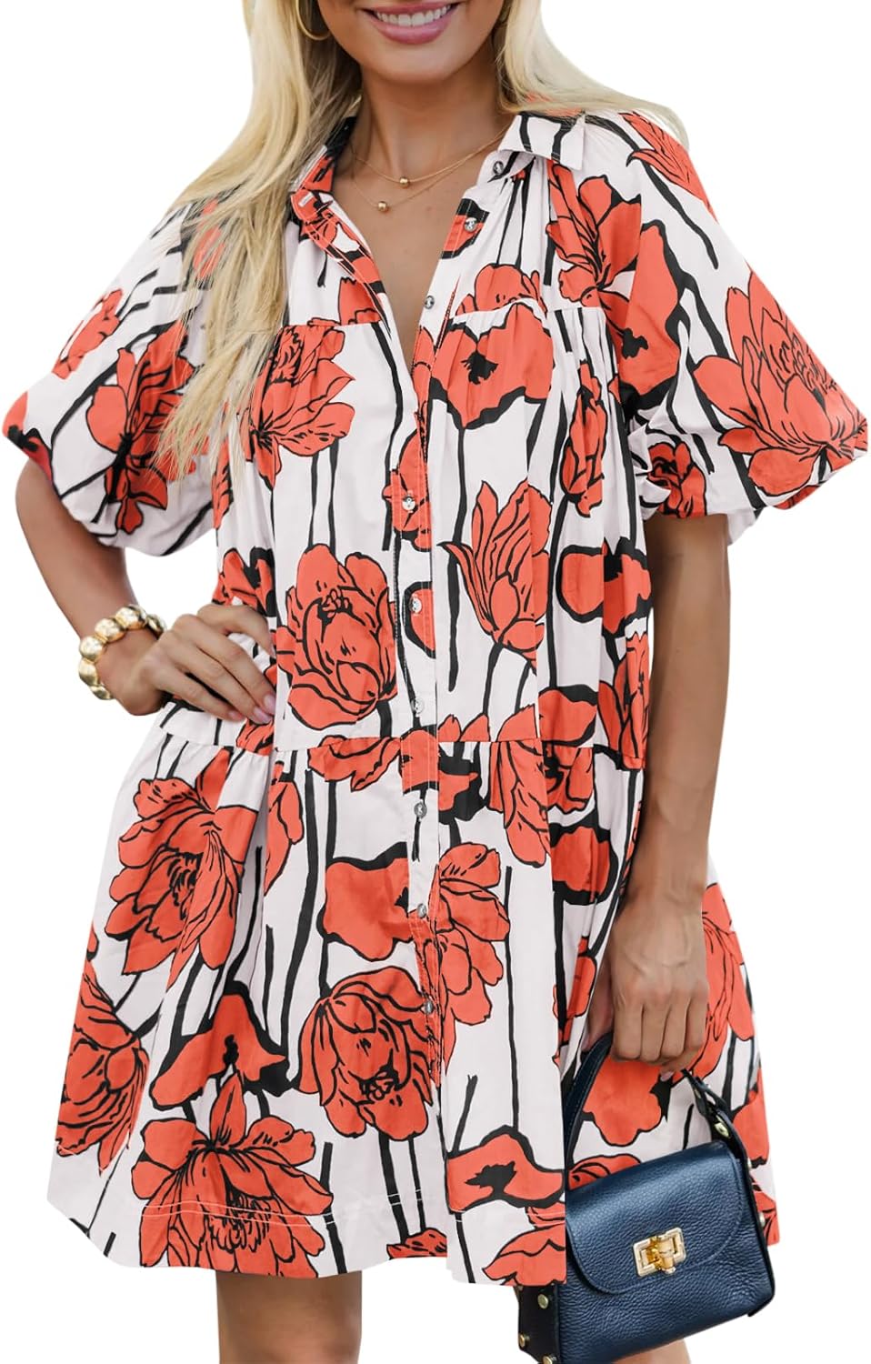 Women's Summer Button Down Shirt Dress Floral Puff Short Sleeve Casual Loose Fit Beach Mini Dresses