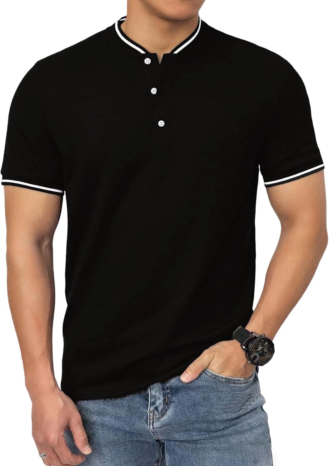 Men's Polo Shirts Casual Short Sleeve Cotton Pique Polo T Shirts Classic Collarless Golf Shirts for Men